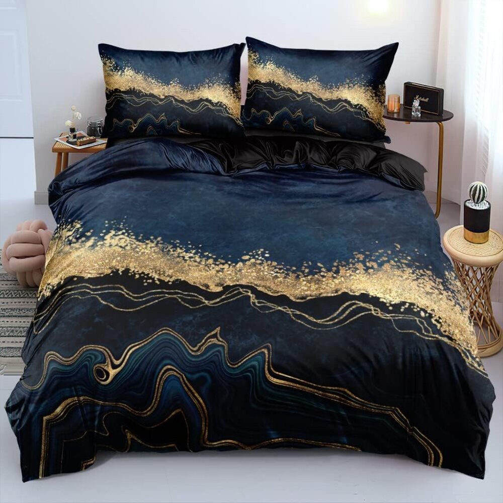 Dark Blue Marble Duvet Cover Set Queen Size Golden foil Bedding Comforter Covers